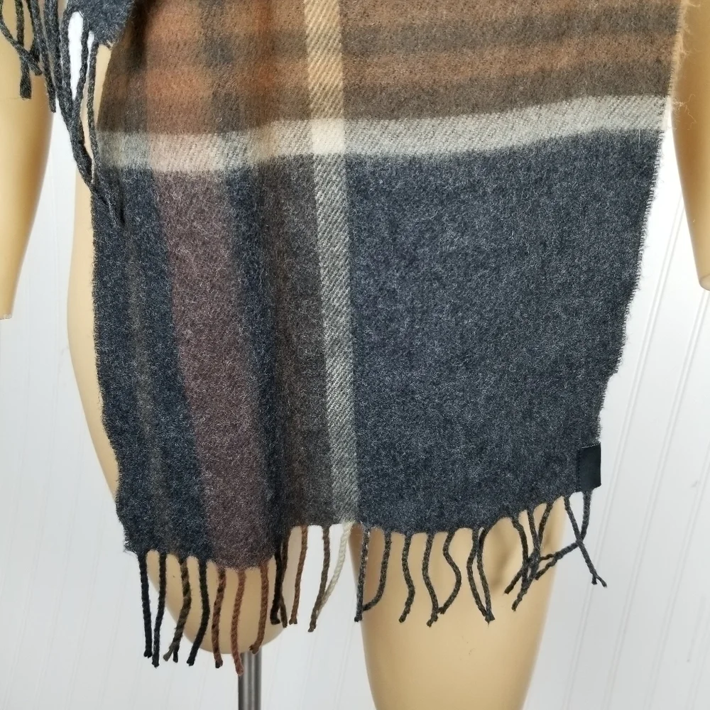 Wool Blend Plaid Fringe Scarf Black Gray Brown Unisex Neutral Vintage